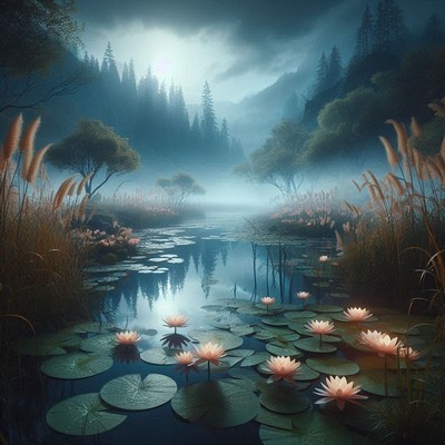 Water lilies bloom in a misty forest lake