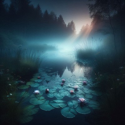 A misty morning on a lake with water lilies