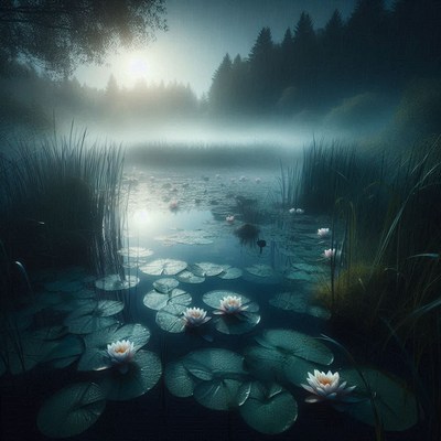 White water lilies bloom on a misty lake at dawn