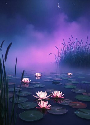 Pink lilies bloom in a misty lake by the moon