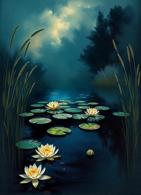 Water lilies bloom in a still pond at twilight