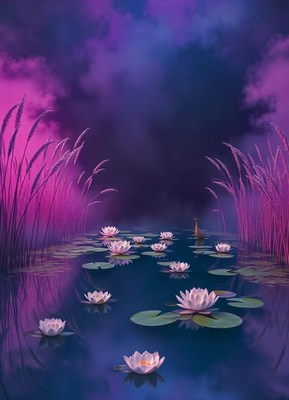 White water lilies float in a pond at dusk