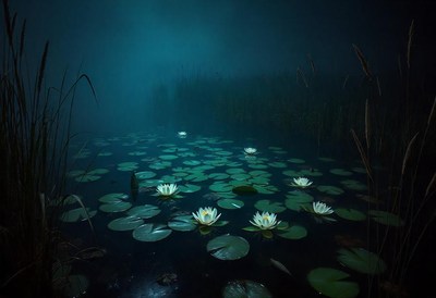 White water lilies bloom in a foggy pond at night