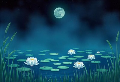 White water lilies bloom under the full moon