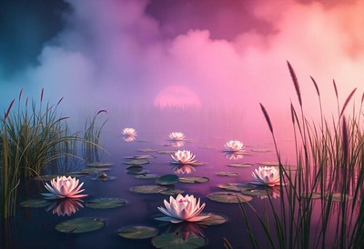 White water lilies bloom in a still pond at dusk