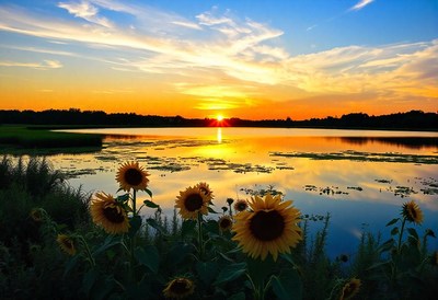 Sunflowers bloom at sunset over the lake