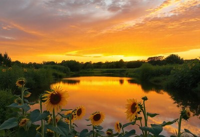 Sunflowers bloom near a lake at sunset
