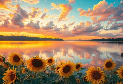 Sunflowers bloom by a lake at sunset