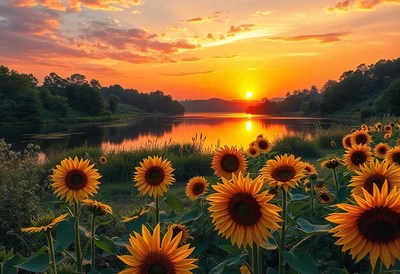Sunflowers bloom in the evening light near a lake