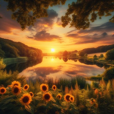 Sunflowers bloom near a tranquil lake during sunset