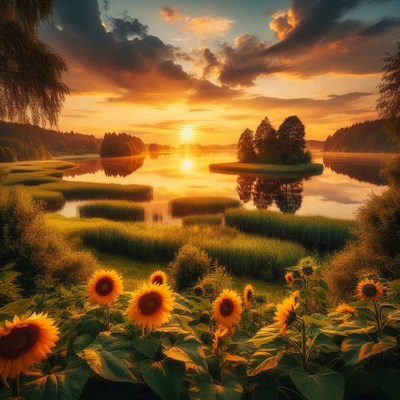 Sunflowers bloom near a lake at sunset