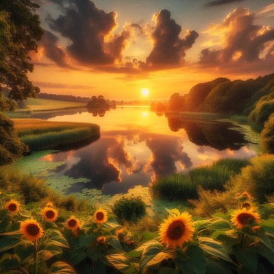 Sunflowers bloom by a lake at sunset