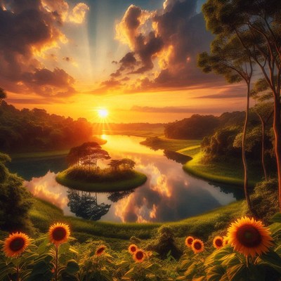 River mirrors sunset over sunflower field