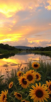 Sunflowers bloom near a lake at sunset