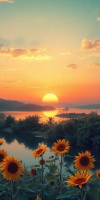 Sunflowers bloom at sunset over a calm lake