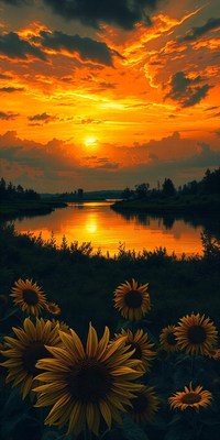 Sunflowers bask in the golden glow of a sunset over a lake