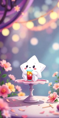 A cute star enjoys a drink on a pink table