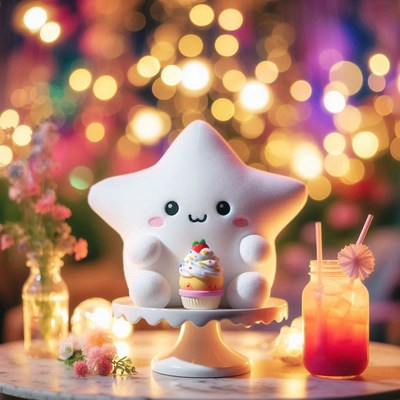 A white star plush holds a cupcake on a cake stand