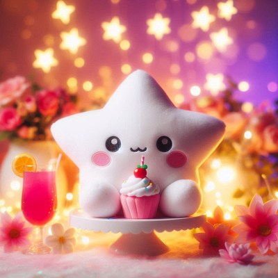 A white star plush enjoys a pink cupcake