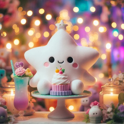 A happy star enjoys a cupcake at a whimsical party