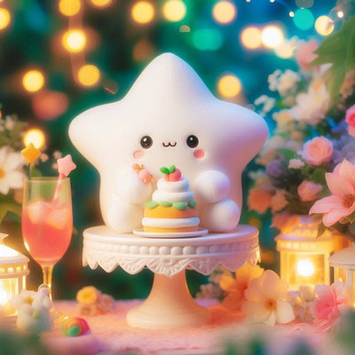 A cute star plush enjoys cake at a whimsical party