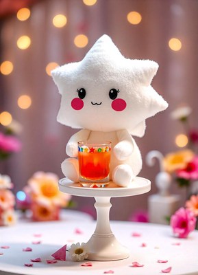 Plush star with juice on a white cake stand