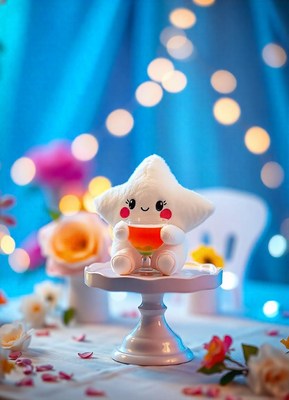 A plush star enjoys a drink on a white cake stand