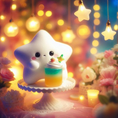 Star plushie savors a treat in a magical place