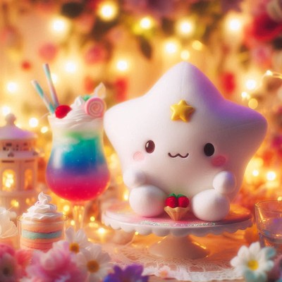 Fluffy star plush enjoys a treat in a magical place