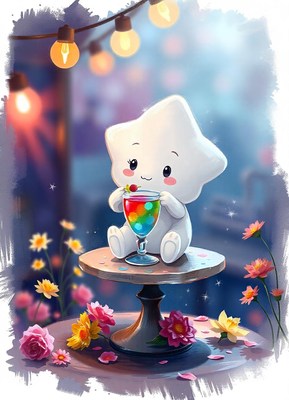 A cute star enjoys a rainbow drink under twinkling lights