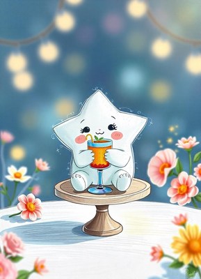 A cute star enjoys a drink on a table under fairy lights