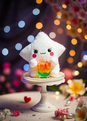 A white plush star toy sits on a white cake stand