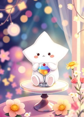 A cute star character enjoys a drink on a cake stand