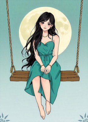 A woman sits on a swing under a full moon