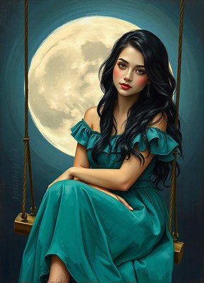 A woman sits on a swing under the full moon