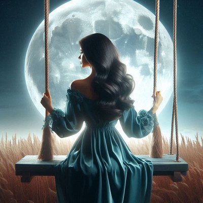A woman sits on a swing under a full moon