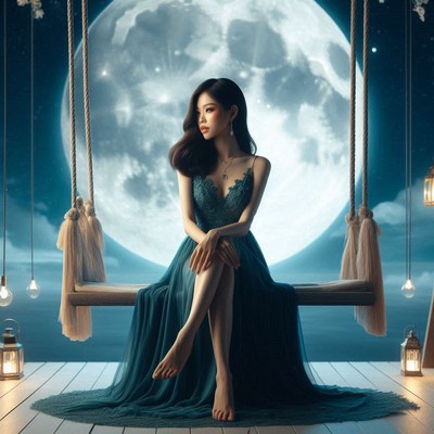 A woman in a blue dress sits on a swing under a full moon