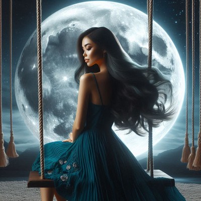 A woman sits on a swing, gazing at the full moon