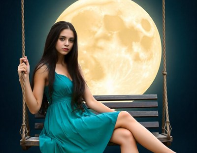 A woman sits on a swing under a full moon