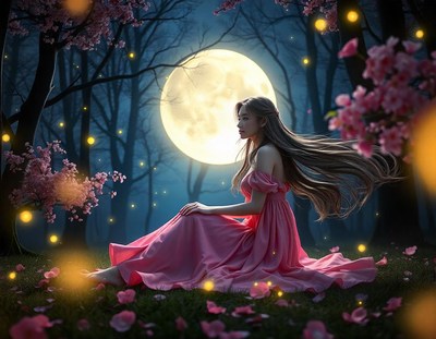 A woman sits in a moonlit forest at night