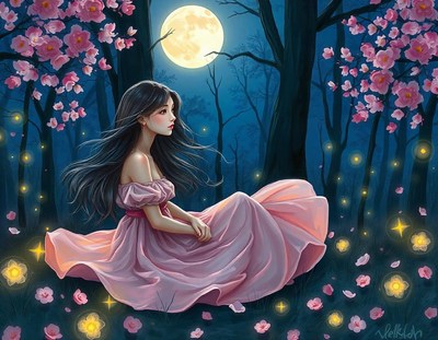A woman sits in a moonlit cherry blossom forest