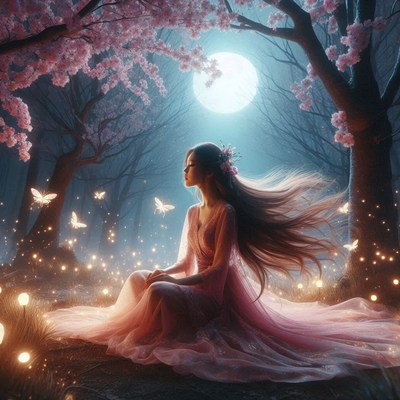 Woman sits in a moonlit forest with butterflies