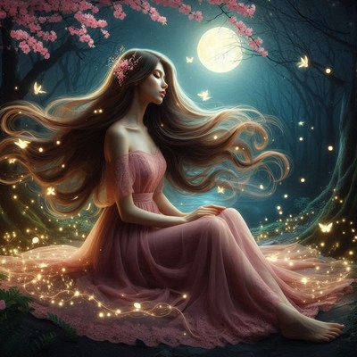 A woman sits beneath a blooming tree at night