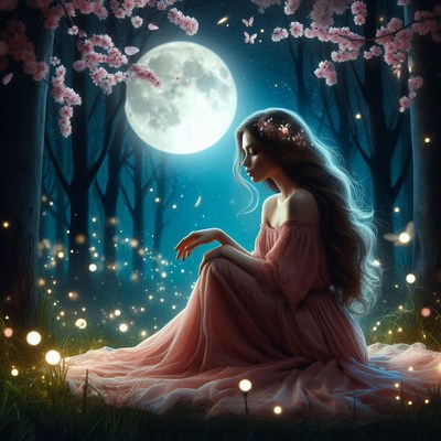 A woman sits in a forest under a full moon