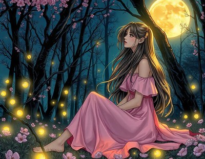 A woman in a forest at night with fireflies