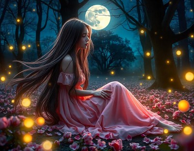 A woman in the forest at night, with fireflies