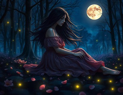 A woman with long dark hair sits in a forest at night