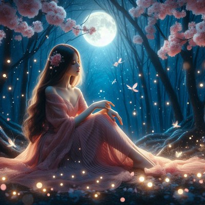 A woman sits in a forest under a full moon