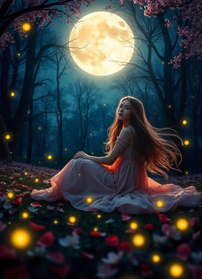 A woman sits in a forest at night, surrounded by fireflies