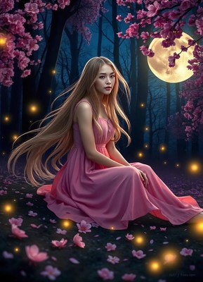 A woman sits in a forest under a full moon